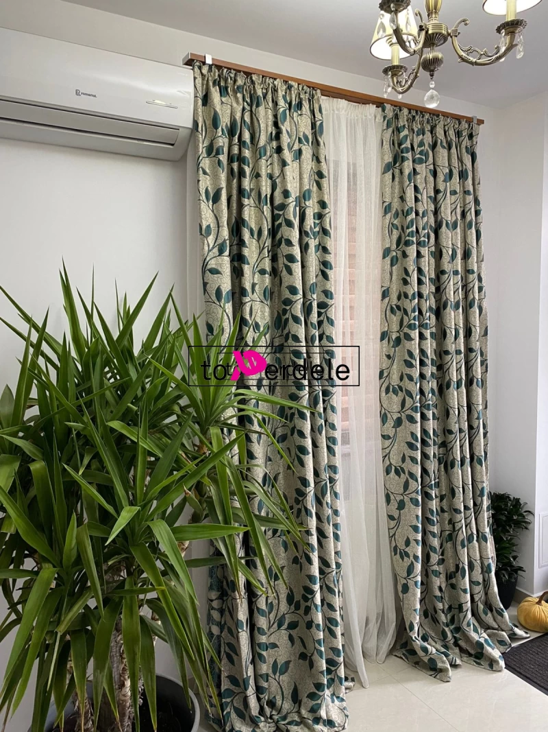 Draperii cream model frunze verzi imagine 3